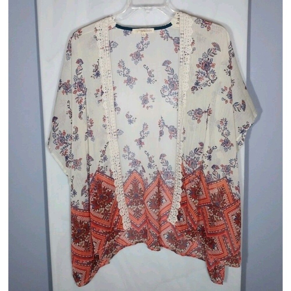 Boho Floral Sheer Kimono Cardigan S Ivory Crochet Trim Open Front Festival